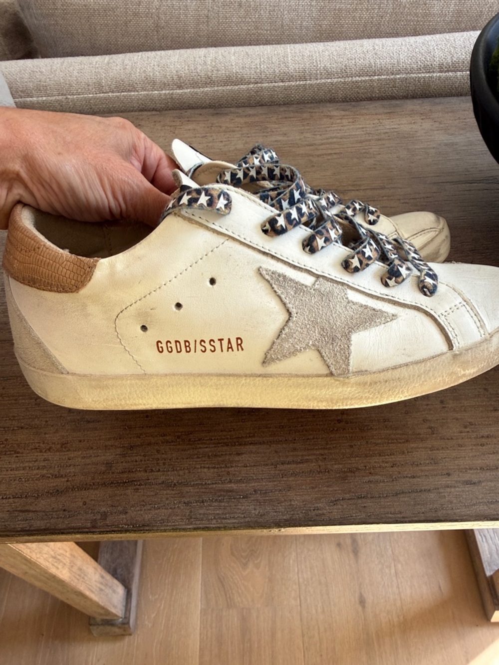 EUC Golden Goose White Leather Sneakers with Tan Suede Star and Patterned Laces - Picture 2 of 4